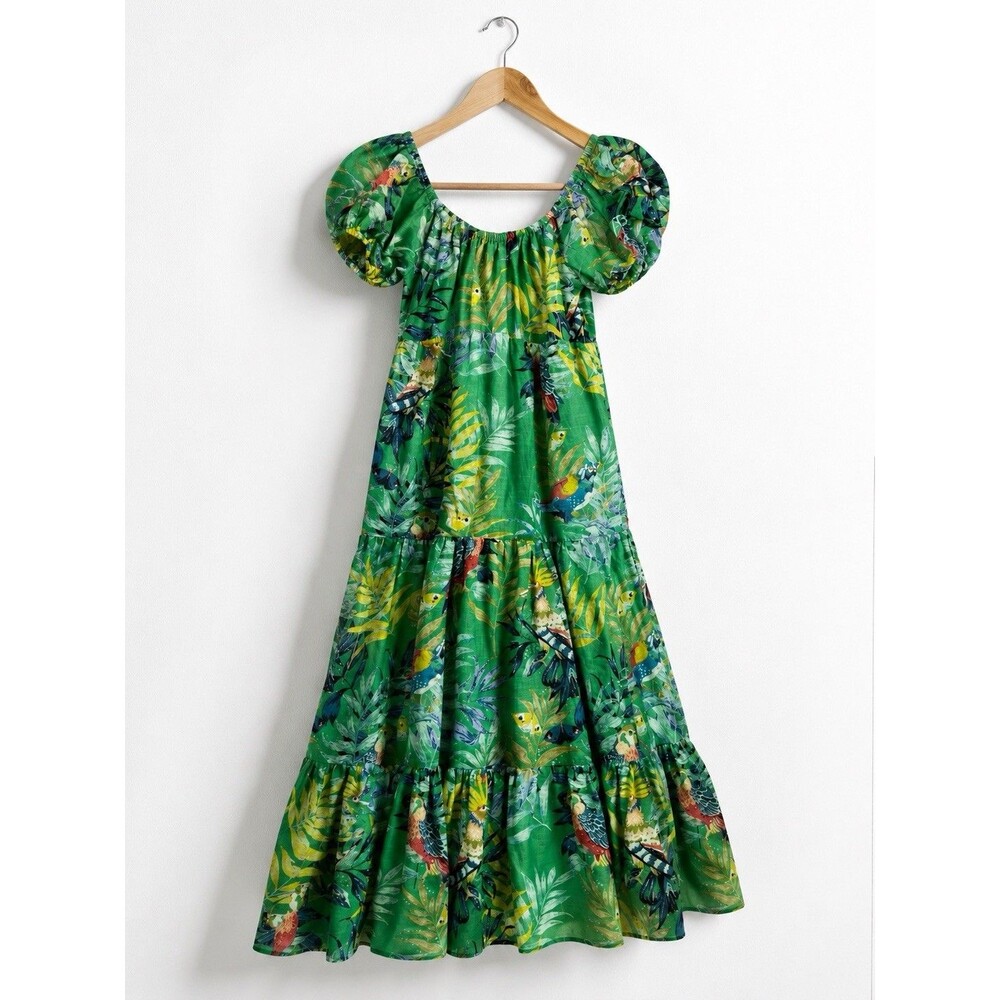 Maeve Anthropologie Tropical Parrot Maxi Dress Green Puff Sleeve XXS